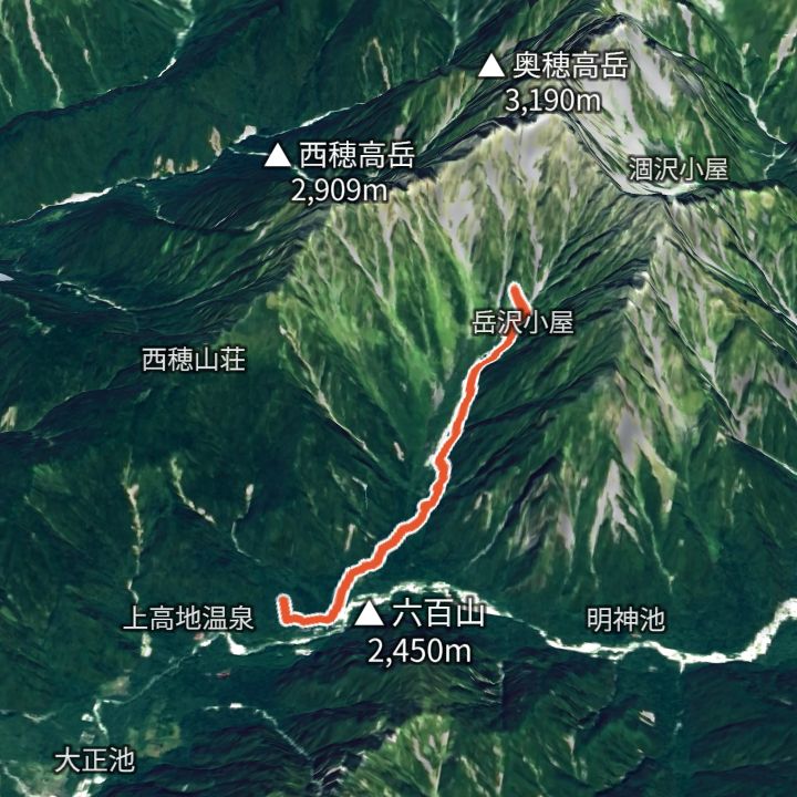 岳沢（上高地から）の 3D の地図