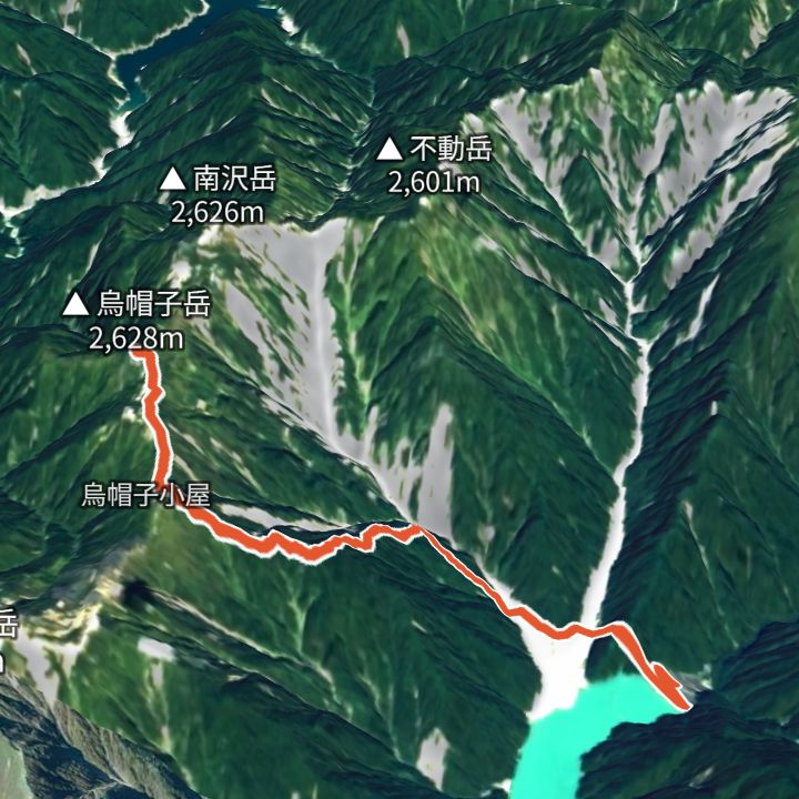 烏帽子岳（高瀬ダムから）の 3D の地図