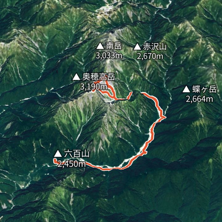 涸沢ベース 穂高周遊の 3D の地図