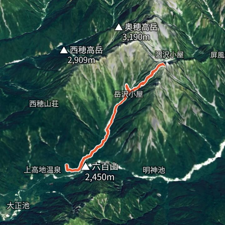 前穂高岳（上高地から）の 3D の地図
