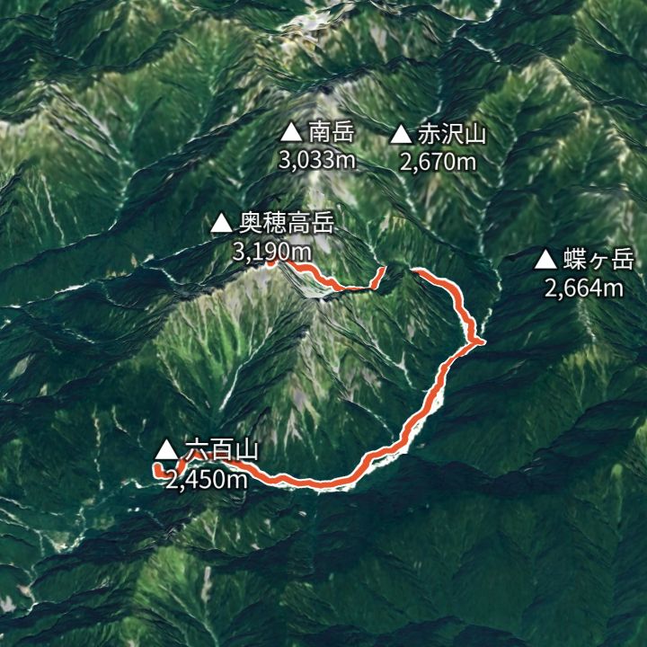 奥穂高岳（上高地・涸沢から）の 3D の地図